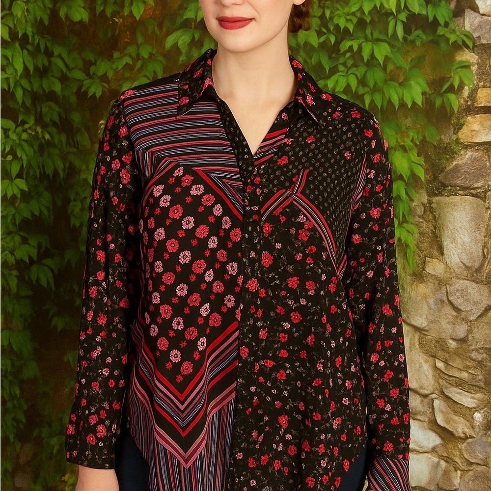 Free People Button-Front Patchwork Boho Blouse, M - image 1